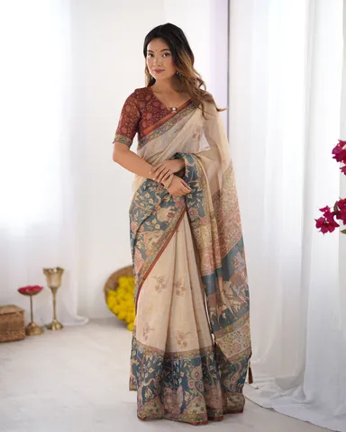 Pure Handloom Cotton Digital Printed Saree with Tassels and Attached Blouse for Women Soft Lightweight Traditional Ethnic Saree for Festive Office Casual Party Wear thumbnail 2