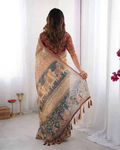 Pure Handloom Cotton Digital Printed Saree with Tassels and Attached Blouse for Women Soft Lightweight Traditional Ethnic Saree for Festive Office Casual Party Wear thumbnail 3