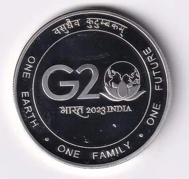 Rare India G20 Presidency 2023 ₹100 Commemorative Coin Authentic Government Mint Silver Alloy Proof UNC Numismatic Collectible Global Summit Edition Vasudhaiva Kutumbakam One Earth One Family One Future thumbnail 0
