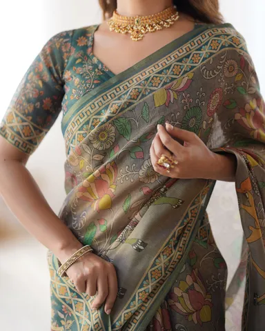 Elegant Grey Handloom Cotton Saree with Multicolor Floral Digital Print and Traditional Border Design for Women Festive Casual Ethnic Wear thumbnail 1