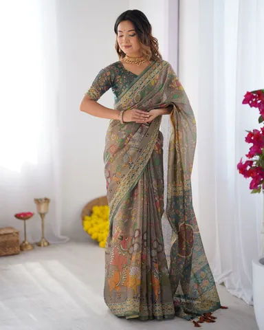 Elegant Grey Handloom Cotton Saree with Multicolor Floral Digital Print and Traditional Border Design for Women Festive Casual Ethnic Wear thumbnail 2