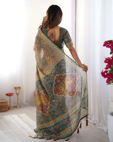Elegant Grey Handloom Cotton Saree with Multicolor Floral Digital Print and Traditional Border Design for Women Festive Casual Ethnic Wear thumbnail 3