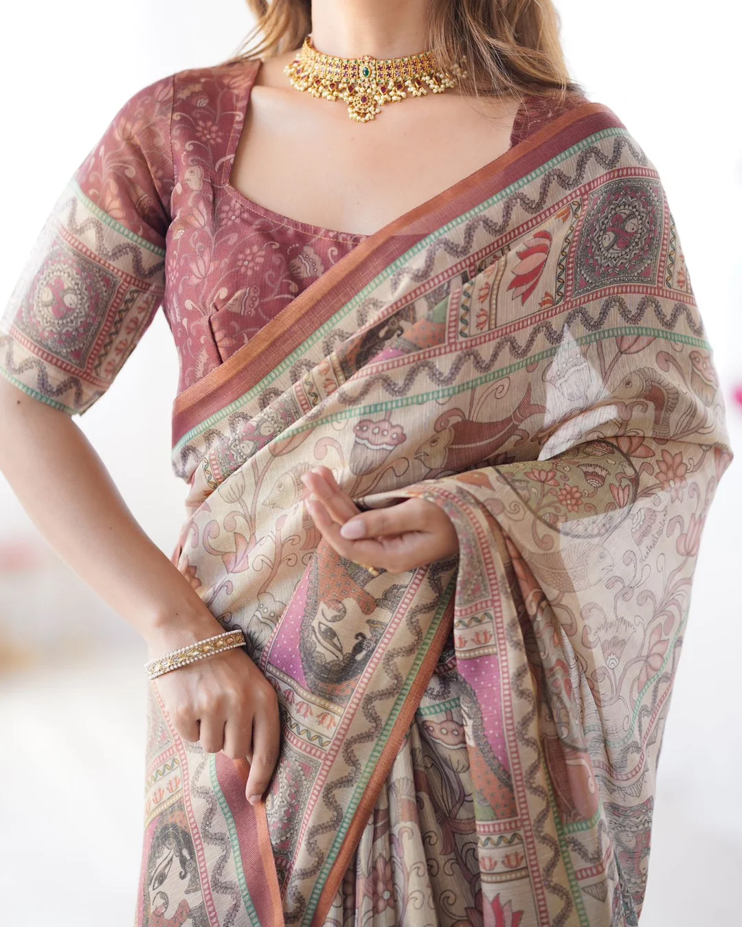 Elegant Beige Handloom Cotton Saree with Traditional Madhubani Inspired Digital Print Ethnic Border and Artistic Floral Motif Design for Women Festive Casual Party Wear image 2