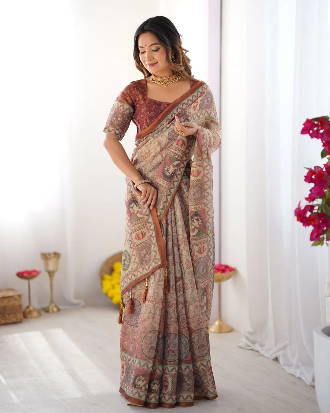 Elegant Beige Handloom Cotton Saree with Traditional Madhubani Inspired Digital Print Ethnic Border and Artistic Floral Motif Design for Women Festive Casual Party Wear image 3