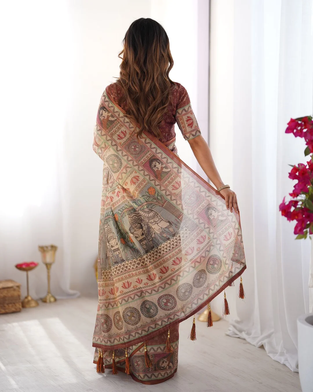 Elegant Beige Handloom Cotton Saree with Traditional Madhubani Inspired Digital Print Ethnic Border and Artistic Floral Motif Design for Women Festive Casual Party Wear image 4