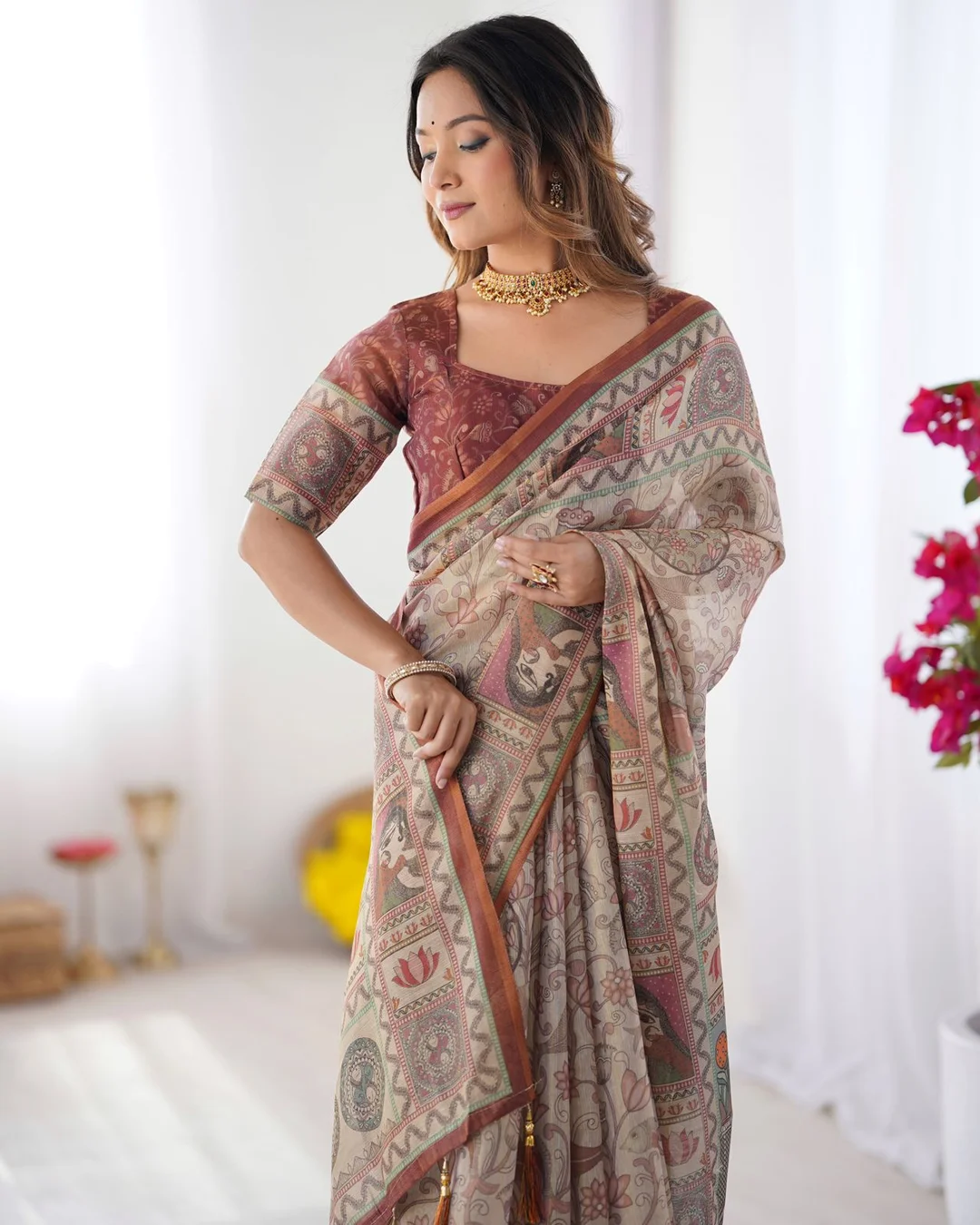 Elegant Beige Handloom Cotton Saree with Traditional Madhubani Inspired Digital Print Ethnic Border and Artistic Floral Motif Design for Women Festive Casual Party Wear image 1