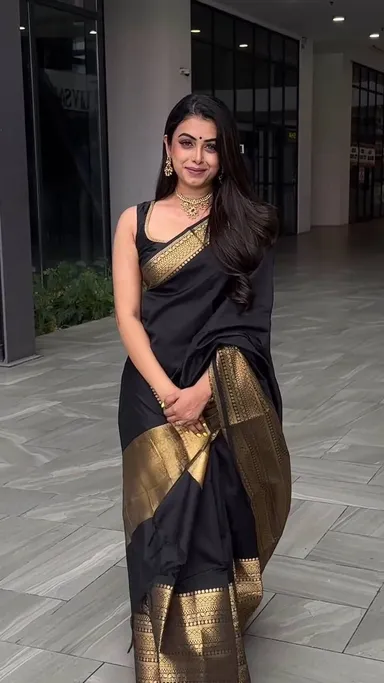 Black Silk Blend Saree with Temple Border and Woven Design for Women thumbnail 1