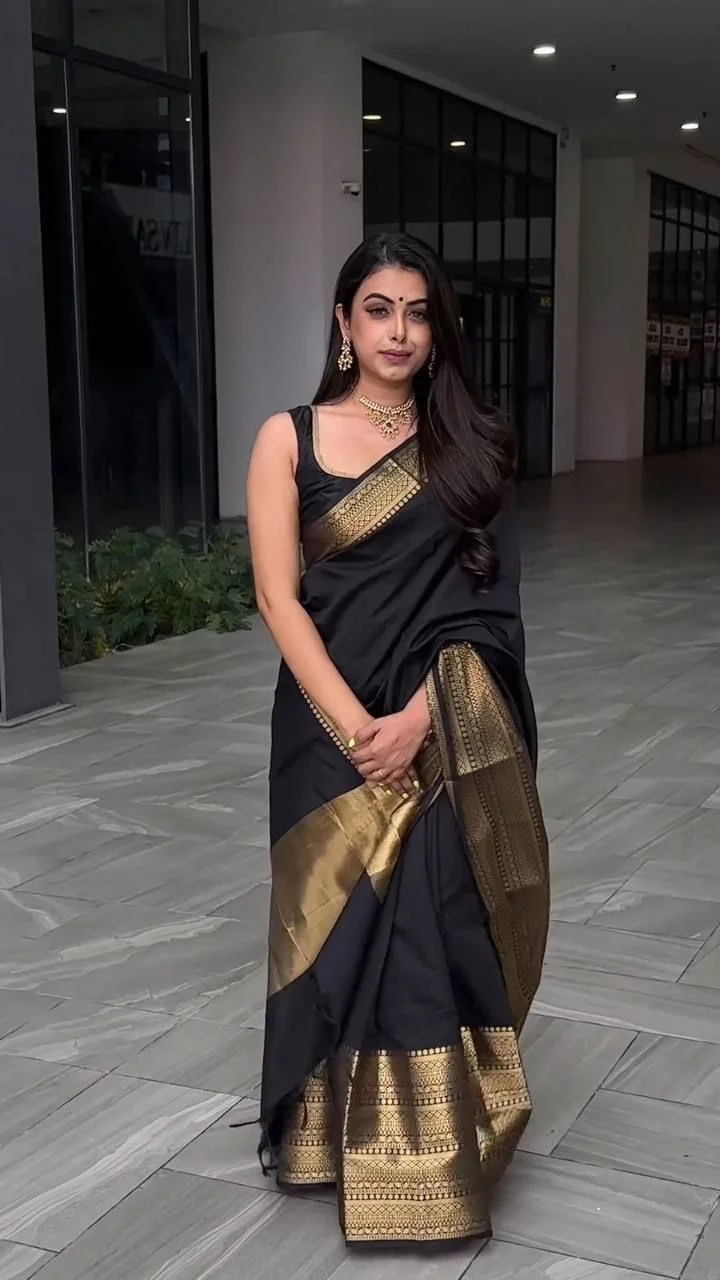 Black Silk Blend Saree with Temple Border and Woven Design for Women image 3
