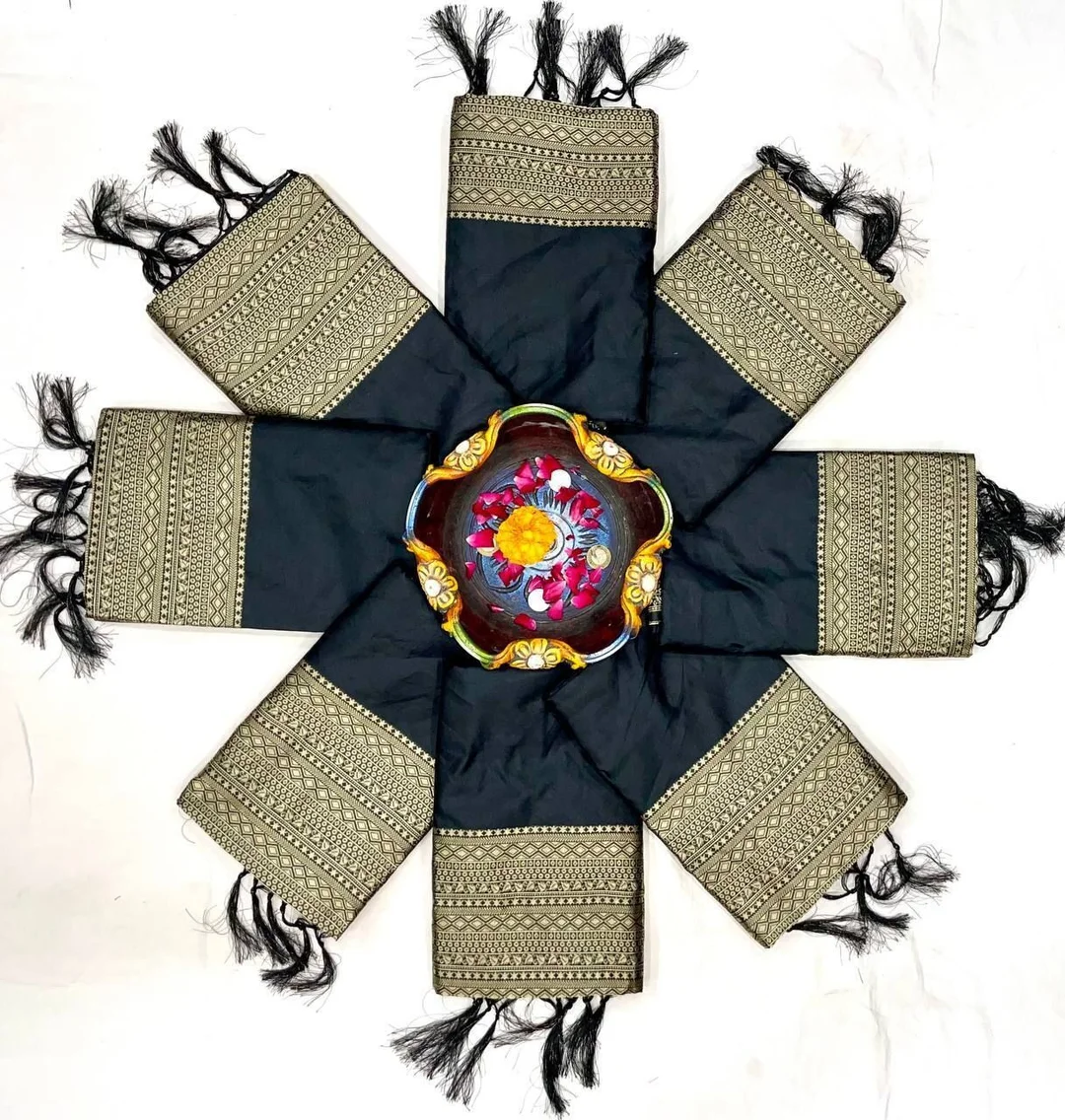 Black Silk Blend Saree with Temple Border and Woven Design for Women image 4