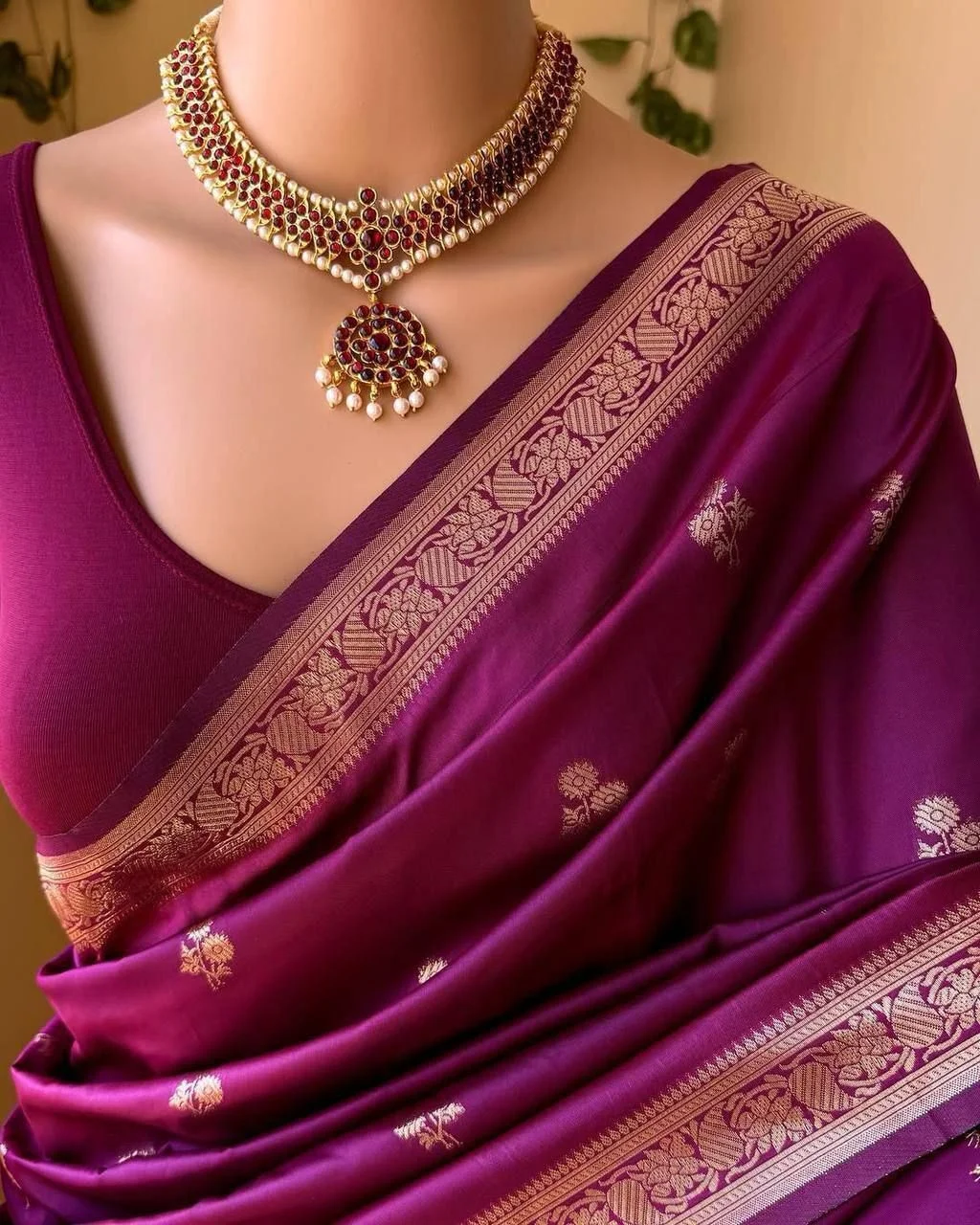 dark Purple Banarasi Cotton Silk Saree with Floral Woven Design & Temple Border for Women image 2