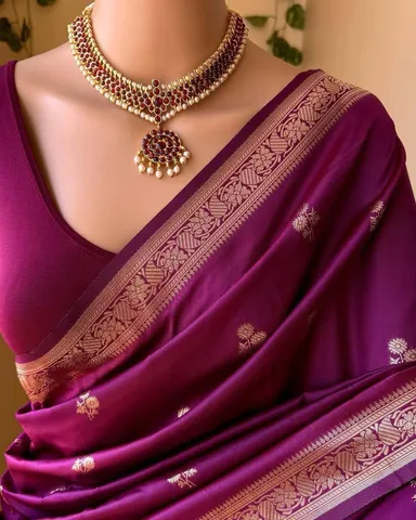 dark Purple Banarasi Cotton Silk Saree with Floral Woven Design & Temple Border for Women thumbnail 1