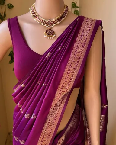 dark Purple Banarasi Cotton Silk Saree with Floral Woven Design & Temple Border for Women thumbnail 2