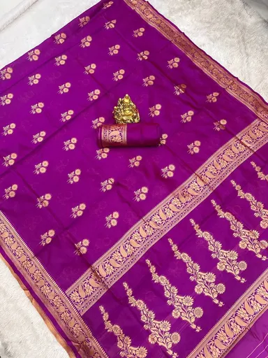 dark Purple Banarasi Cotton Silk Saree with Floral Woven Design & Temple Border for Women thumbnail 3