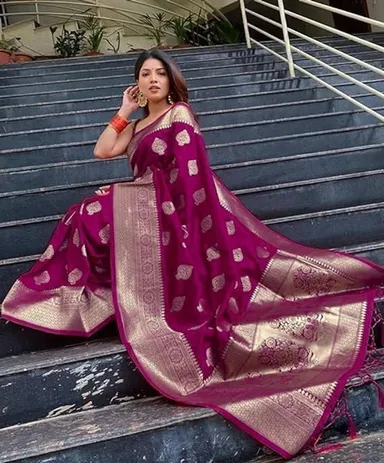 Banarasi Cotton Silk Saree for Women with Woven Floral Print & Self Design in Magenta thumbnail 2