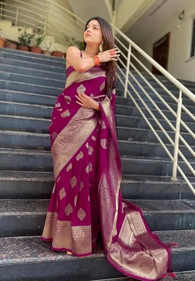 Banarasi Cotton Silk Saree for Women with Woven Floral Print & Self Design in Magenta thumbnail 3