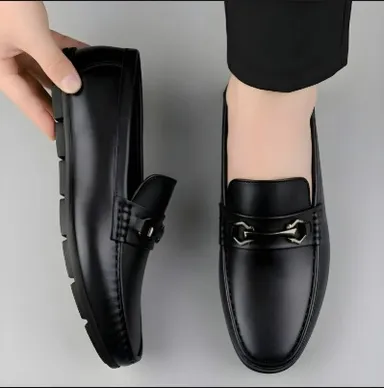 Men's Premium Black Faux Leather Slip-On Loafers with Metallic Bit Accent, Comfort Cushioned Insole, Durable Rubber Sole Formal Semi Casual Dress Shoes for Men Black 7 UK thumbnail 0