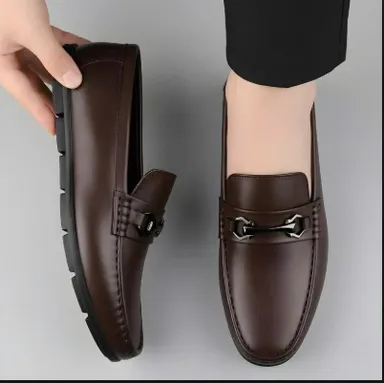 Men's Premium Black Faux Leather Slip-On Loafers with Metallic Bit Accent, Comfort Cushioned Insole, Durable Rubber Sole Formal Semi Casual Dress Shoes for Men Brown 7 UK thumbnail 0