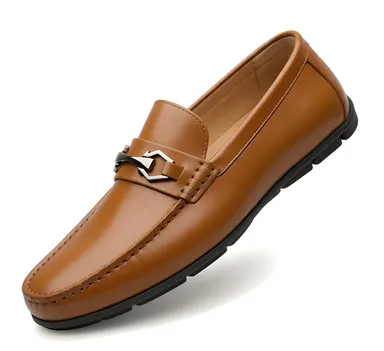 Men's Premium Black Faux Leather Slip-On Loafers with Metallic Bit Accent, Comfort Cushioned Insole, Durable Rubber Sole Formal Semi Casual Dress Shoes for Men Tan 6 UK thumbnail 1