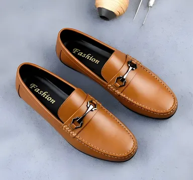 Men's Premium Black Faux Leather Slip-On Loafers with Metallic Bit Accent, Comfort Cushioned Insole, Durable Rubber Sole Formal Semi Casual Dress Shoes for Men Tan 6 UK thumbnail 2