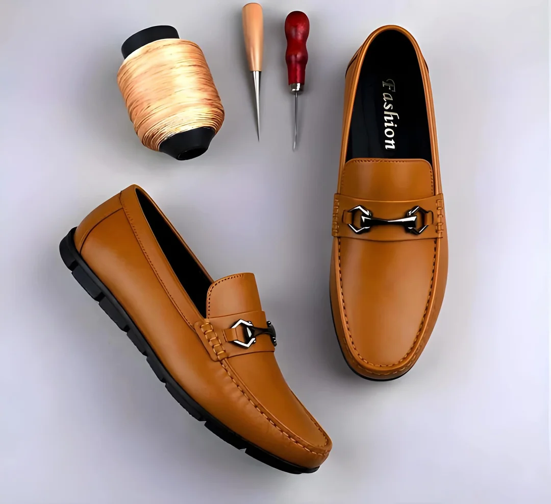 Men's Premium Black Faux Leather Slip-On Loafers with Metallic Bit Accent, Comfort Cushioned Insole, Durable Rubber Sole Formal Semi Casual Dress Shoes for Men Tan 6 UK image 4