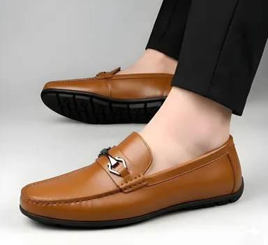 Men's Premium Black Faux Leather Slip-On Loafers with Metallic Bit Accent, Comfort Cushioned Insole, Durable Rubber Sole Formal Semi Casual Dress Shoes for Men Tan 6 UK thumbnail 4