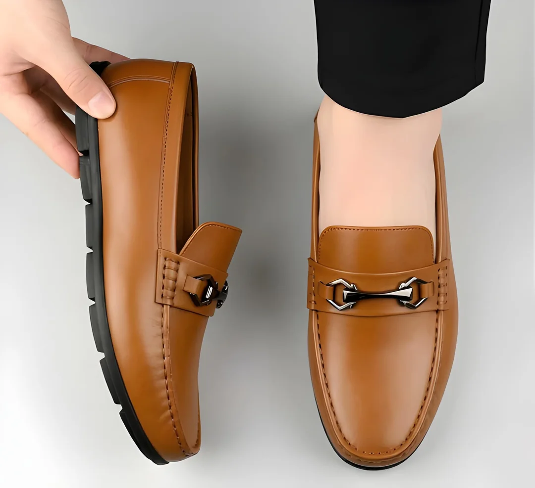 Men's Premium Black Faux Leather Slip-On Loafers with Metallic Bit Accent, Comfort Cushioned Insole, Durable Rubber Sole Formal Semi Casual Dress Shoes for Men Tan 6 UK image 1