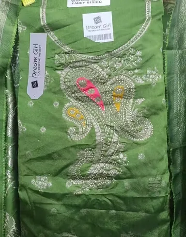 Pure Dola Minakari Jacquard Unstitched Suit Set with Swarovski Diamond Work Black Jacquard Sleeves Dull Crepe Bottom and Jacquard Dupatta Party Wear Wedding Suit for Women Green Kurti Free Size thumbnail 1