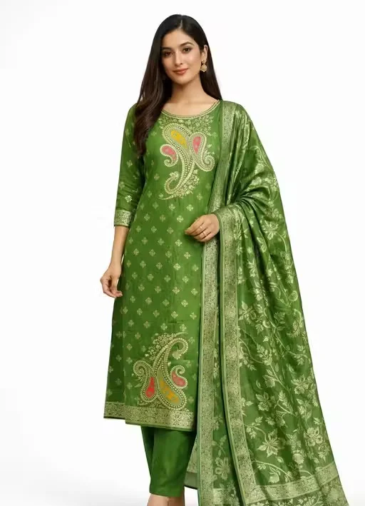 Pure Dola Minakari Jacquard Unstitched Suit Set with Swarovski Diamond Work Black Jacquard Sleeves Dull Crepe Bottom and Jacquard Dupatta Party Wear Wedding Suit for Women Green Kurti Free Size image 1