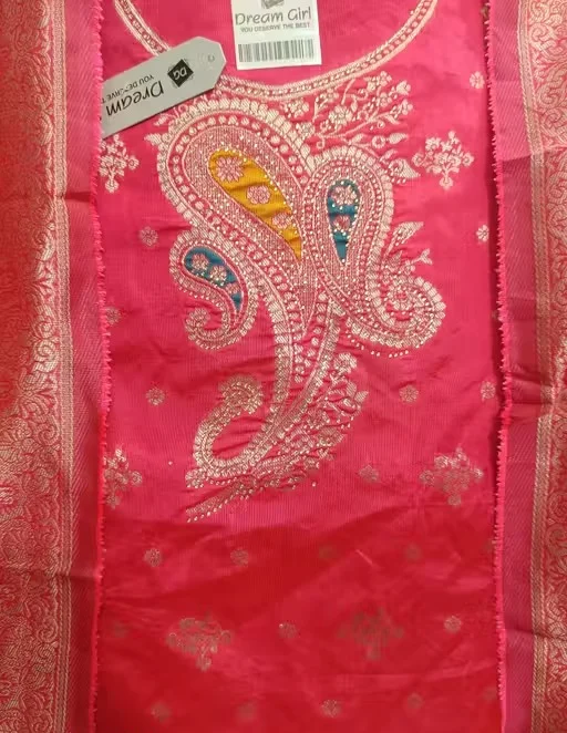 Pure Dola Minakari Jacquard Unstitched Suit Set with Swarovski Diamond Work Black Jacquard Sleeves Dull Crepe Bottom and Jacquard Dupatta Party Wear Wedding Suit for Women Red Kurti Free Size image 2