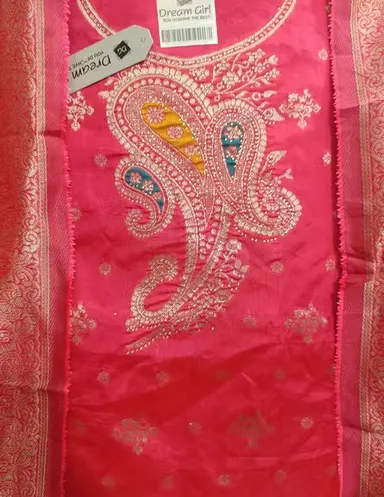 Pure Dola Minakari Jacquard Unstitched Suit Set with Swarovski Diamond Work Black Jacquard Sleeves Dull Crepe Bottom and Jacquard Dupatta Party Wear Wedding Suit for Women Red Kurti Free Size thumbnail 1