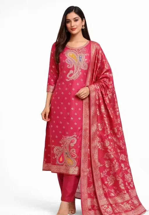 Pure Dola Minakari Jacquard Unstitched Suit Set with Swarovski Diamond Work Black Jacquard Sleeves Dull Crepe Bottom and Jacquard Dupatta Party Wear Wedding Suit for Women Red Kurti Free Size image 1