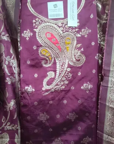 Pure Dola Minakari Jacquard Unstitched Suit Set with Swarovski Diamond Work Black Jacquard Sleeves Dull Crepe Bottom and Jacquard Dupatta Party Wear Wedding Suit for Women Wine Kurti Free Size thumbnail 1