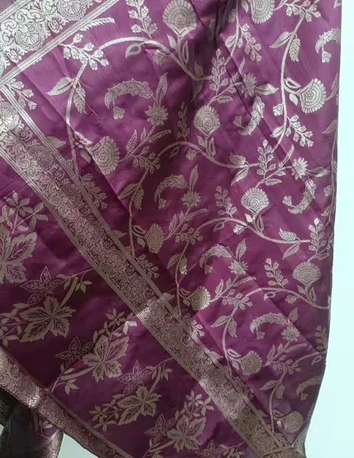 Pure Dola Minakari Jacquard Unstitched Suit Set with Swarovski Diamond Work Black Jacquard Sleeves Dull Crepe Bottom and Jacquard Dupatta Party Wear Wedding Suit for Women Wine Kurti Free Size image 3