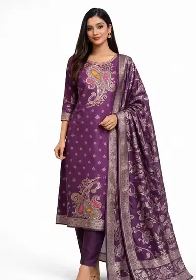 Pure Dola Minakari Jacquard Unstitched Suit Set with Swarovski Diamond Work Black Jacquard Sleeves Dull Crepe Bottom and Jacquard Dupatta Party Wear Wedding Suit for Women Wine Kurti Free Size thumbnail 0