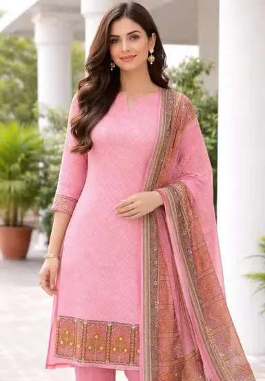 Coral Colour Attractive Cotton Unstitched Suit Set for Women with Designer Printed Cotton Dupatta and Bottom Daily Wear Festive Wear Wedding Wear Traditional Salwar Suit for Ladies thumbnail 0