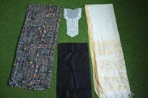 Women Unstitched Rayon Printed Kurti Palazzo Suit Dress Material with Tikli Work Top, Plain Rayon Bottom & White Rasel Silk Dupatta | Pakistani Style Eid Festive Anarkali Palazzo Set Fabric Black Free Size image 4