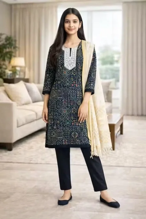 Women Unstitched Rayon Printed Kurti Palazzo Suit Dress Material with Tikli Work Top, Plain Rayon Bottom & White Rasel Silk Dupatta | Pakistani Style Eid Festive Anarkali Palazzo Set Fabric Black Free Size image 1