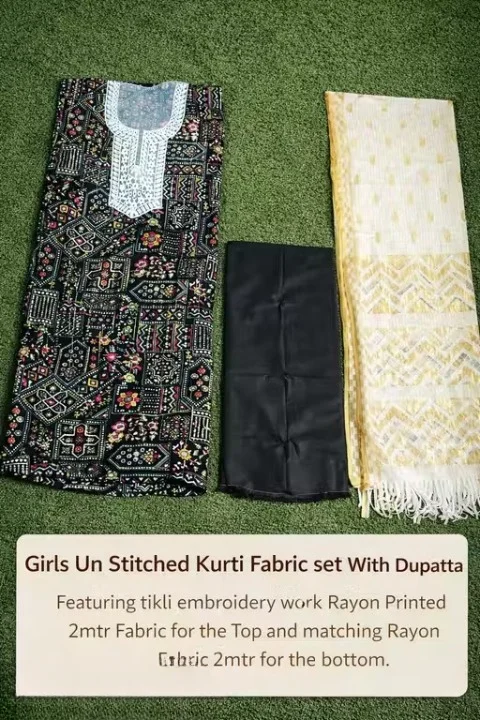 Women Unstitched Rayon Printed Kurti Palazzo Suit Dress Material with Tikli Work Top, Plain Rayon Bottom & White Rasel Silk Dupatta | Pakistani Style Eid Festive Anarkali Palazzo Set Fabric Navy Blue Free Size image 2
