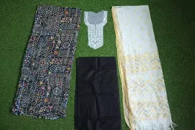 Women Unstitched Rayon Printed Kurti Palazzo Suit Dress Material with Tikli Work Top, Plain Rayon Bottom & White Rasel Silk Dupatta | Pakistani Style Eid Festive Anarkali Palazzo Set Fabric Navy Blue Free Size thumbnail 3