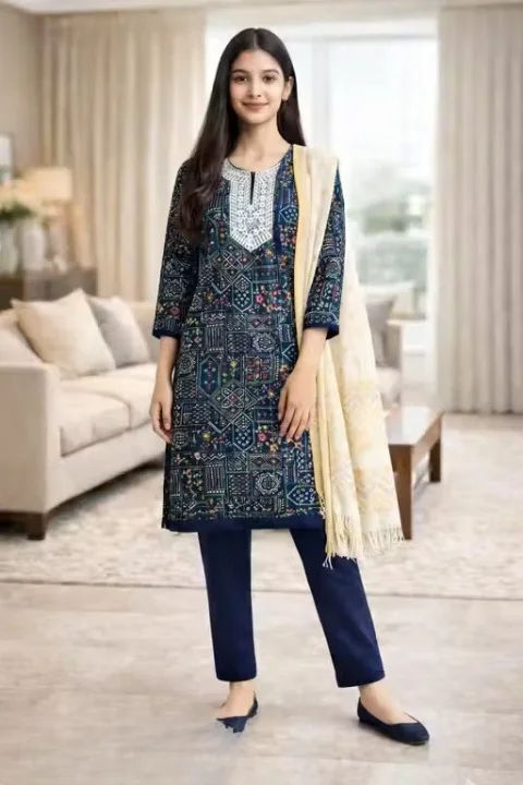 Women Unstitched Rayon Printed Kurti Palazzo Suit Dress Material with Tikli Work Top, Plain Rayon Bottom & White Rasel Silk Dupatta | Pakistani Style Eid Festive Anarkali Palazzo Set Fabric Navy Blue Free Size image 1