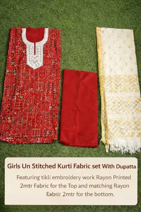 Women Unstitched Rayon Printed Kurti Palazzo Suit Dress Material with Tikli Work Top, Plain Rayon Bottom & White Rasel Silk Dupatta | Pakistani Style Eid Festive Anarkali Palazzo Set Fabric Maroon Free Size image 2