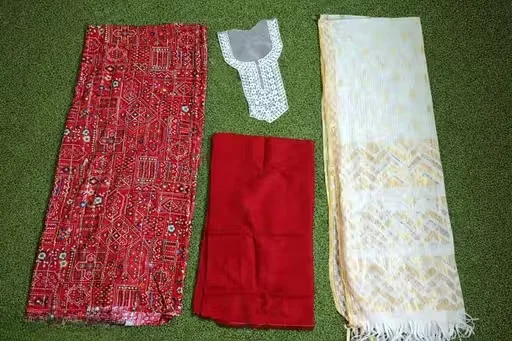 Women Unstitched Rayon Printed Kurti Palazzo Suit Dress Material with Tikli Work Top, Plain Rayon Bottom & White Rasel Silk Dupatta | Pakistani Style Eid Festive Anarkali Palazzo Set Fabric Maroon Free Size image 3