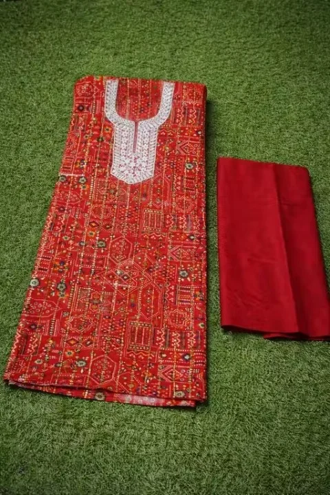 Women Unstitched Rayon Printed Kurti Palazzo Suit Dress Material with Tikli Work Top, Plain Rayon Bottom & White Rasel Silk Dupatta | Pakistani Style Eid Festive Anarkali Palazzo Set Fabric Maroon Free Size image 4