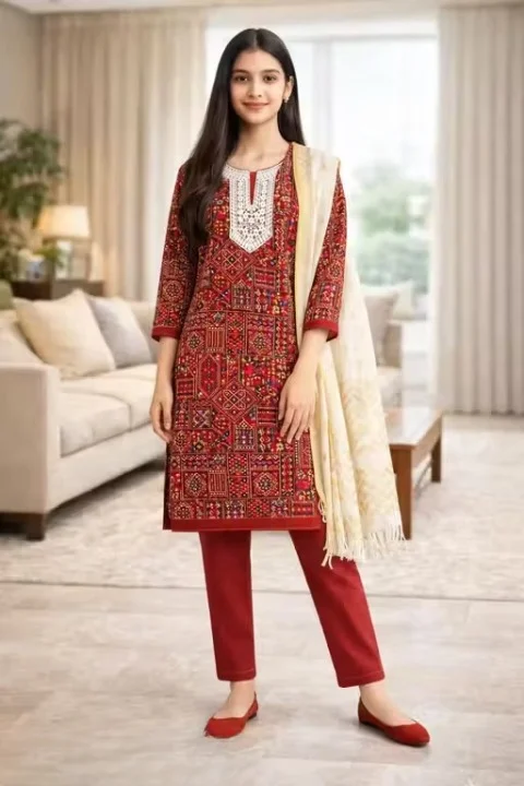Women Unstitched Rayon Printed Kurti Palazzo Suit Dress Material with Tikli Work Top, Plain Rayon Bottom & White Rasel Silk Dupatta | Pakistani Style Eid Festive Anarkali Palazzo Set Fabric Maroon Free Size image 1