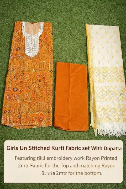 Women Unstitched Rayon Printed Kurti Palazzo Suit Dress Material with Tikli Work Top, Plain Rayon Bottom & White Rasel Silk Dupatta | Pakistani Style Eid Festive Anarkali Palazzo Set Fabric Orange Free Size image 2