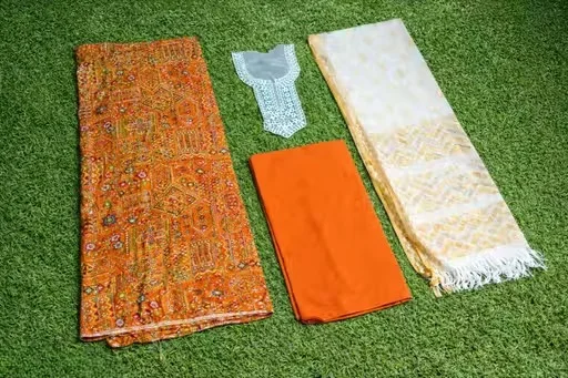 Women Unstitched Rayon Printed Kurti Palazzo Suit Dress Material with Tikli Work Top, Plain Rayon Bottom & White Rasel Silk Dupatta | Pakistani Style Eid Festive Anarkali Palazzo Set Fabric Orange Free Size image 3
