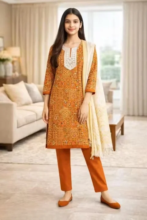 Women Unstitched Rayon Printed Kurti Palazzo Suit Dress Material with Tikli Work Top, Plain Rayon Bottom & White Rasel Silk Dupatta | Pakistani Style Eid Festive Anarkali Palazzo Set Fabric Orange Free Size image 1
