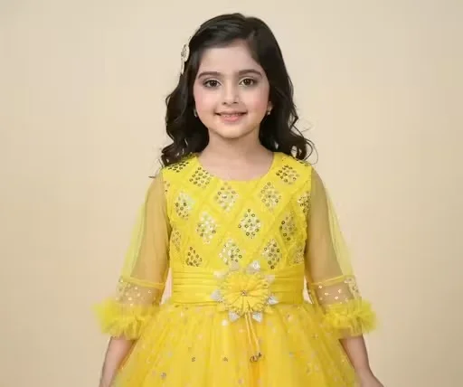 Premium Quality Girls Party Wear Yellow Net Fabric Full Flare Frock Dress for Kids with Embellished Designer Pattern Birthday Wedding Festive Wear Gown Yellow 1-2 Yr image 2