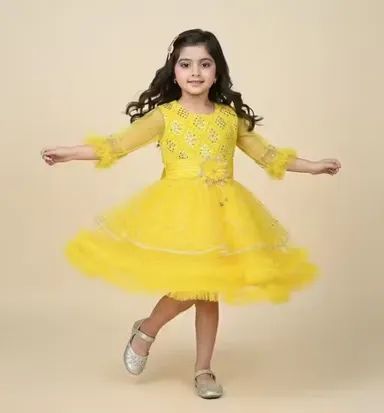 Premium Quality Girls Party Wear Yellow Net Fabric Full Flare Frock Dress for Kids with Embellished Designer Pattern Birthday Wedding Festive Wear Gown Yellow 1-2 Yr thumbnail 2