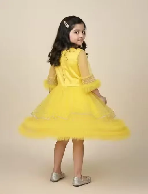 Premium Quality Girls Party Wear Yellow Net Fabric Full Flare Frock Dress for Kids with Embellished Designer Pattern Birthday Wedding Festive Wear Gown Yellow 1-2 Yr image 4